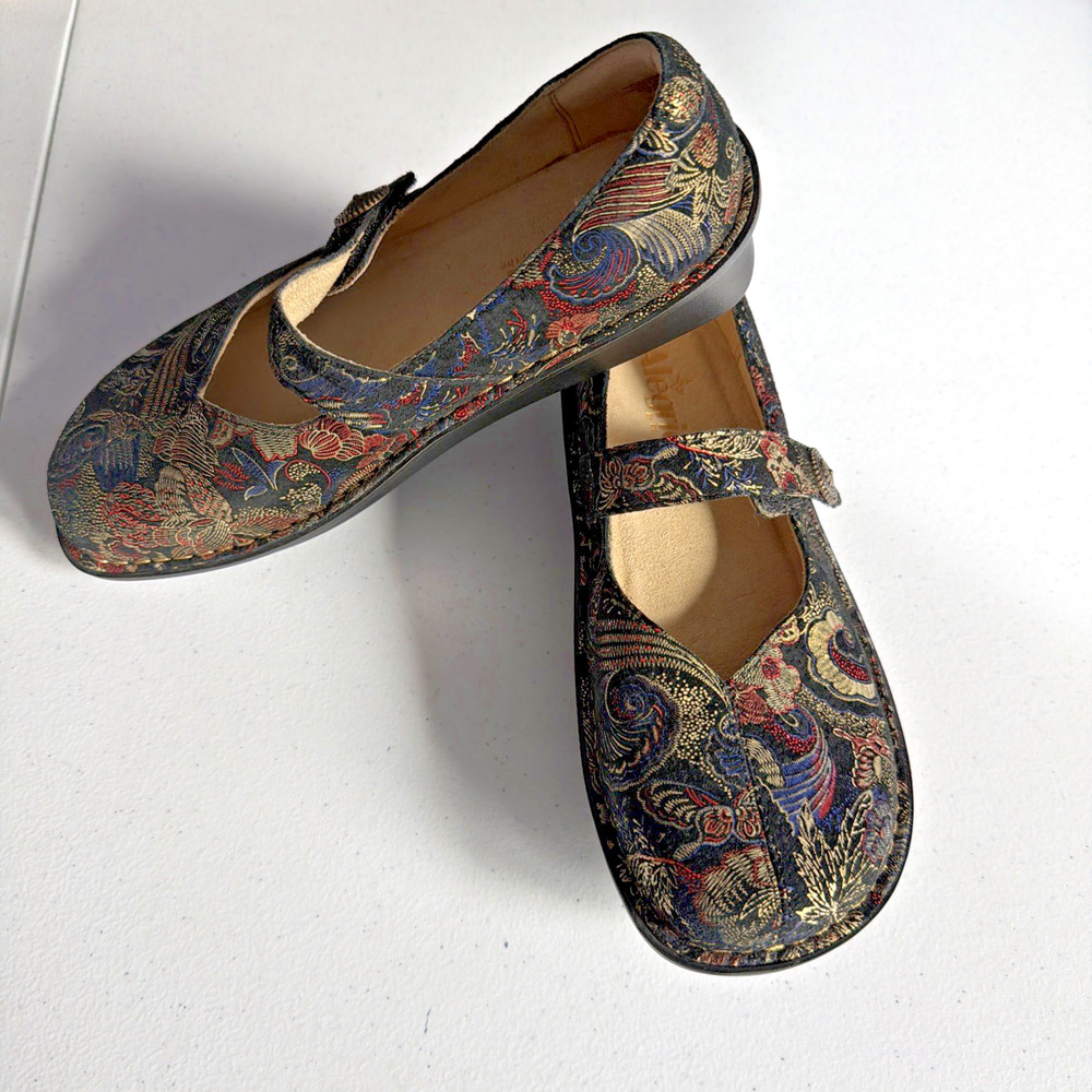 Alegria Mary Jane Shoes 8.5 EU 39 Black Embossed Leather Tweed Academia Everyday - Picture 2 of 10